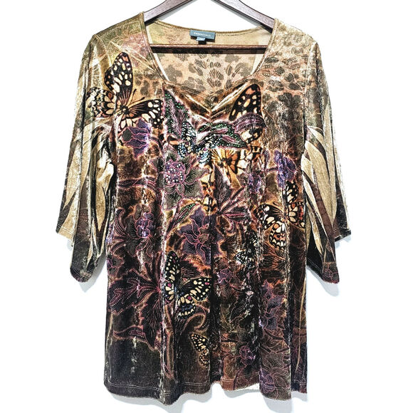 Essentials Velvet Blouse Women's Size 0X Embellished Butterflies Y2K Boho-chic - Picture 1 of 8